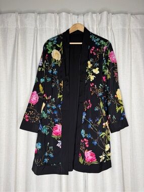 Floral Satin-Trim Kimono Robe - Black with Multicolor Floral